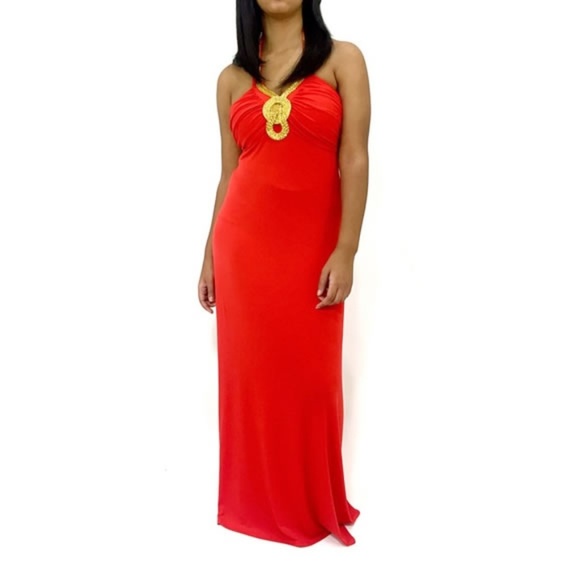 Spense Dresses & Skirts - Coral Orange & Gold Halter Maxi Gown